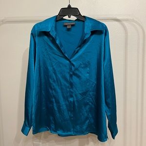 90s/2000s silk long-sleeve button-up, collared, teal blue, satin, Lane Bryant